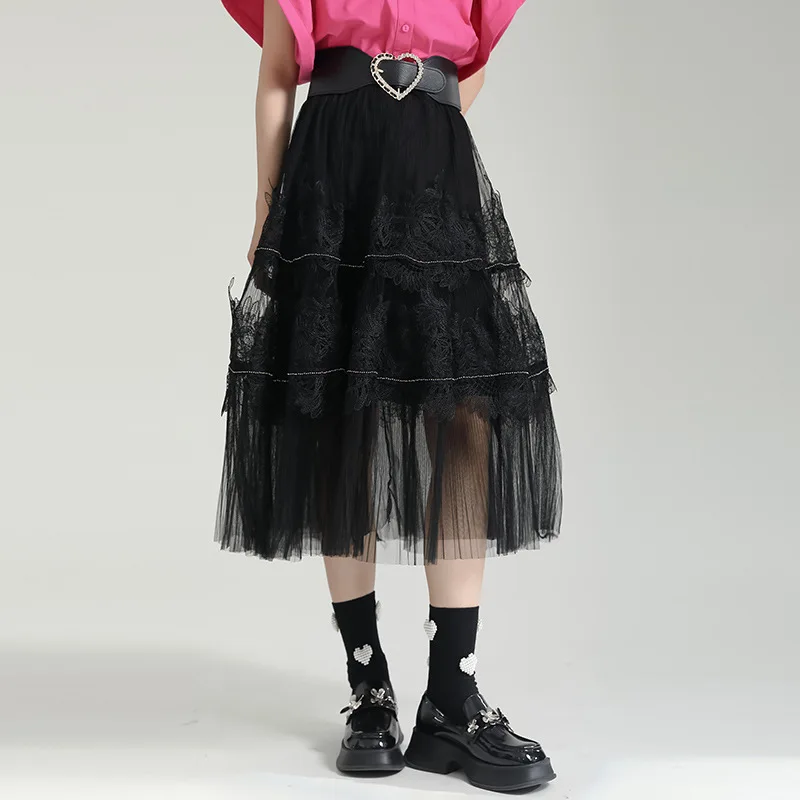 

(No Belt)Street Wear Mesh A Line Skirt Women High Waist Tutu Skirt Summer Elastic Waist Skirt falda de verano para mujer
