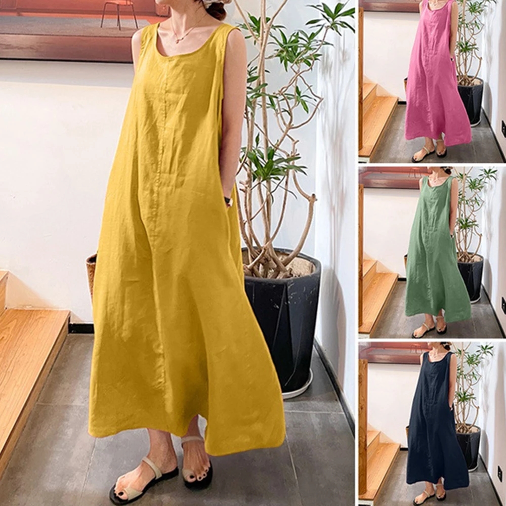 

Женское длинное платье на бретельках, простое свободное платье из хлопка и льна с круглым вырезом и карманами, элегантное платье без рукавов для лета