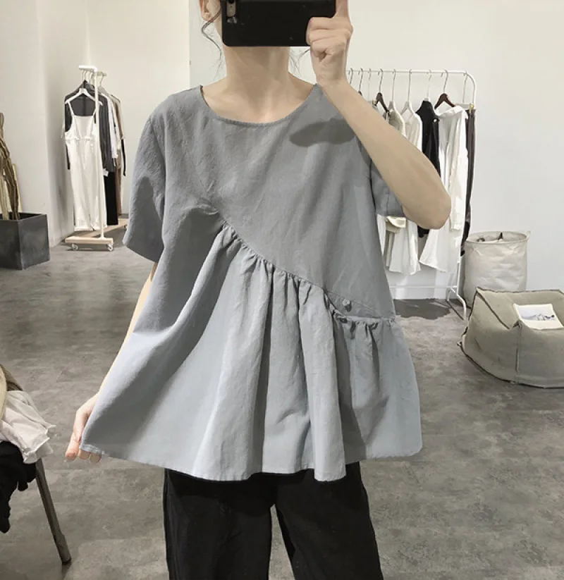 

Irregular Cotton and Linen Shirt Korean Style Loose Fit Solid Color Round Neck Pullover Short Sleeve Casual Large Size Women Top