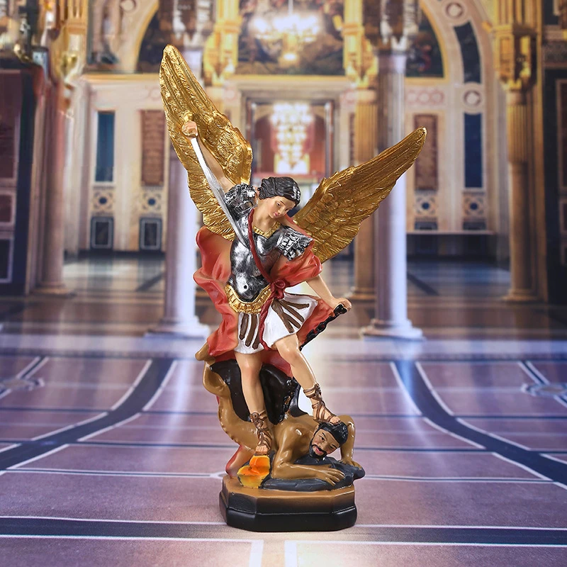 

31cm Saint Michael Statue Resin Angel Sculpture Decoration Michael Archangel Defeated Lucifer Tramples Demon Figurine