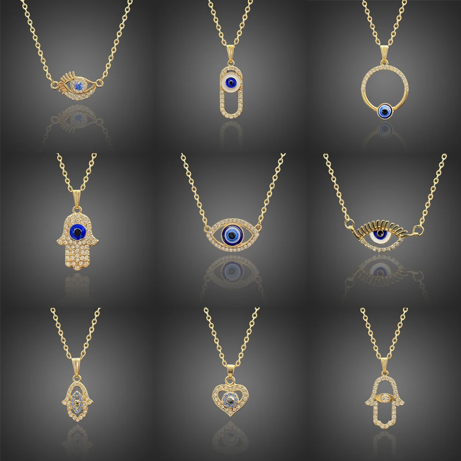 

Vintage Evil Eye Necklaces For Women 2022 Turkey Jewelry Designer Inspired Rhinestones Gold Fatima Hand Pendant Necklace In Bulk