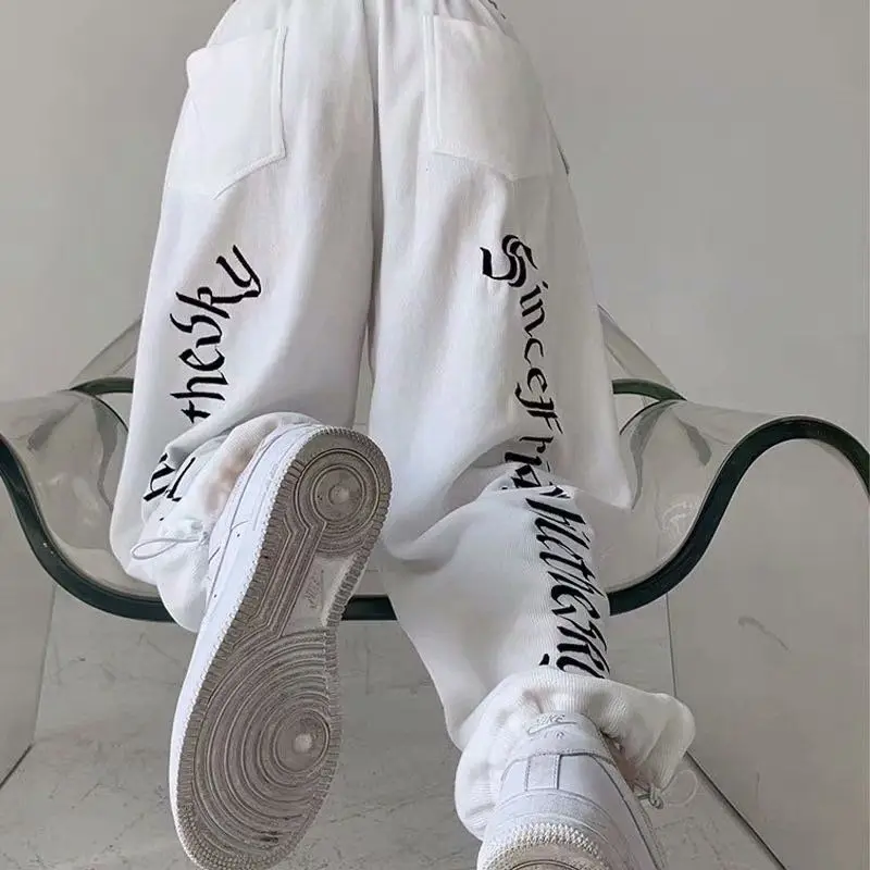 

White Mopping Long Pants Drawstring Sweatpants Plus Size Clothes Y2K Aesthetic Loose Wide Leg Casual Pant Wild Couple Sports