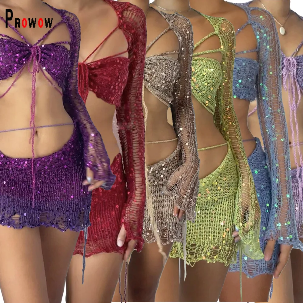

Sexy Sequined Women Clothing Set Knitted Lace Up Three Piece Female Birthday Party Nightclub Wear 2023 New Y2k Style Suits