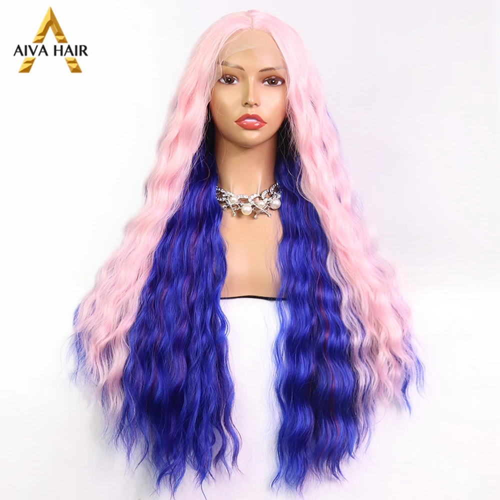 Блестящий розовый синтетический кружевной парик длинный синий термостойкий
