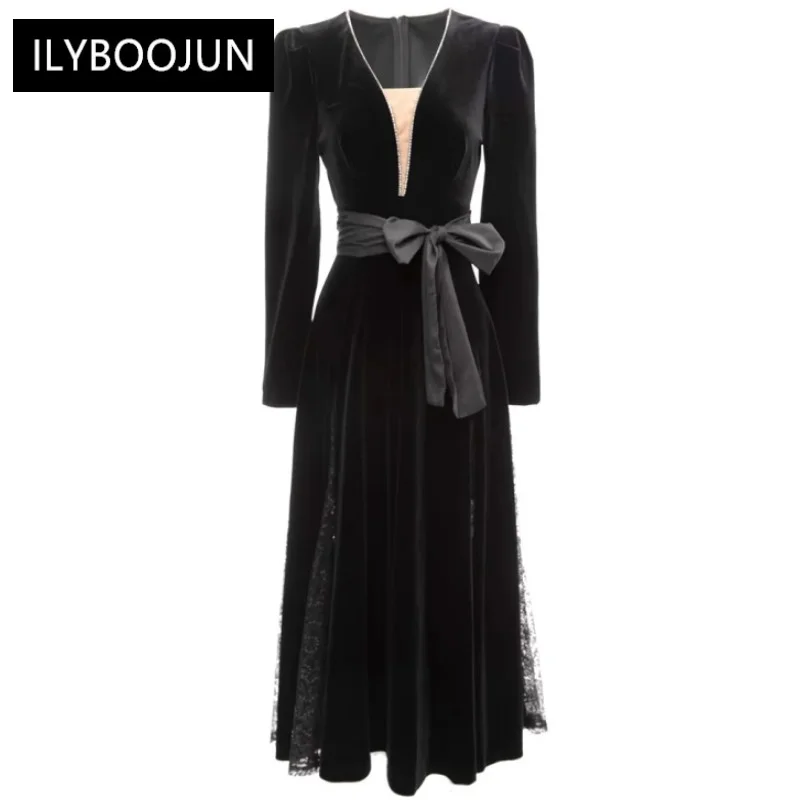 

Elegant Dresses For Women 2022 Luxury Designer Autumn Velvet V-Neck Long Sleeve Crystal Diamonds Mesh Patchwork Black Dress