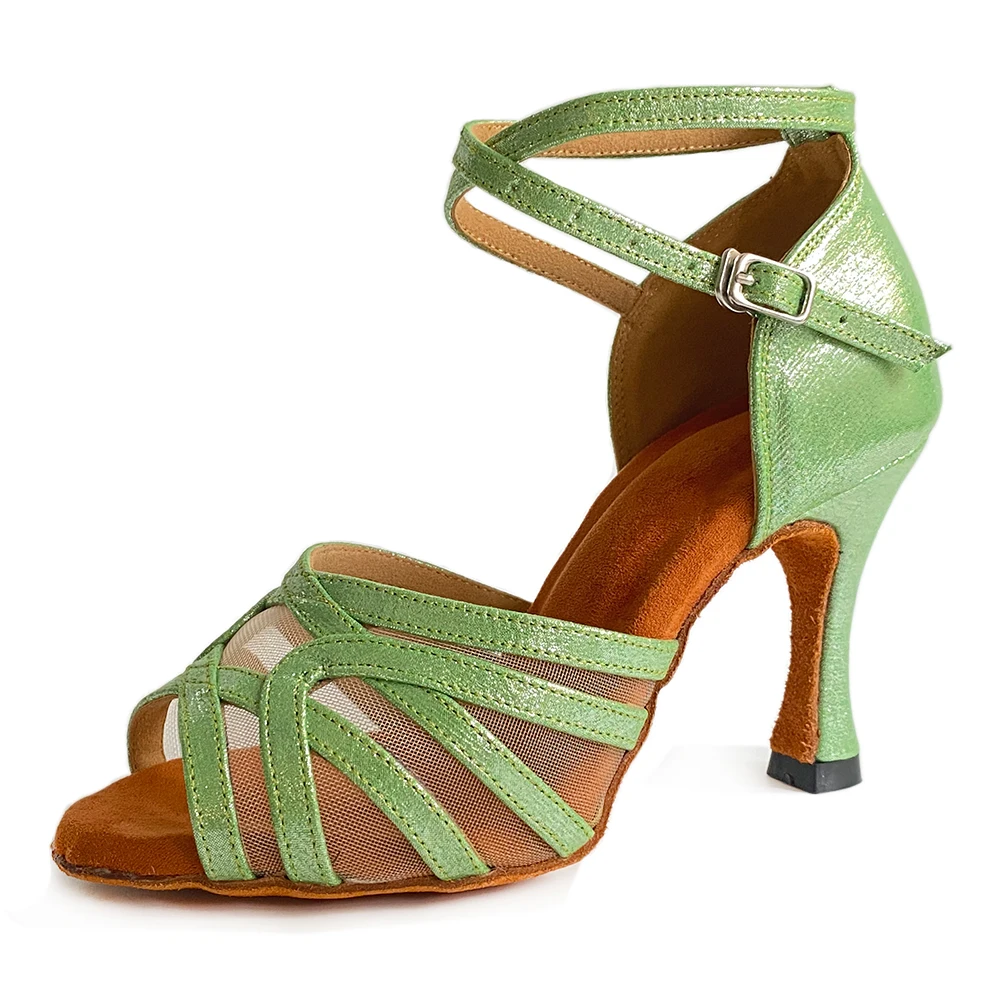 Indoor Dance Shoes Green Glitter Leather 2022 Latin Ballroom Dance Shoes Suede Insole 9cm 10cm heel Performance Dancing Shoes