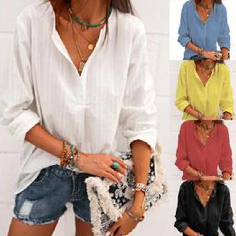 

Striped Cotton Linen Women Blouses V neck Long Sleeve Woman Blouses Tops 2022 Summer Casual Office Lady Loose Fashion Clothes