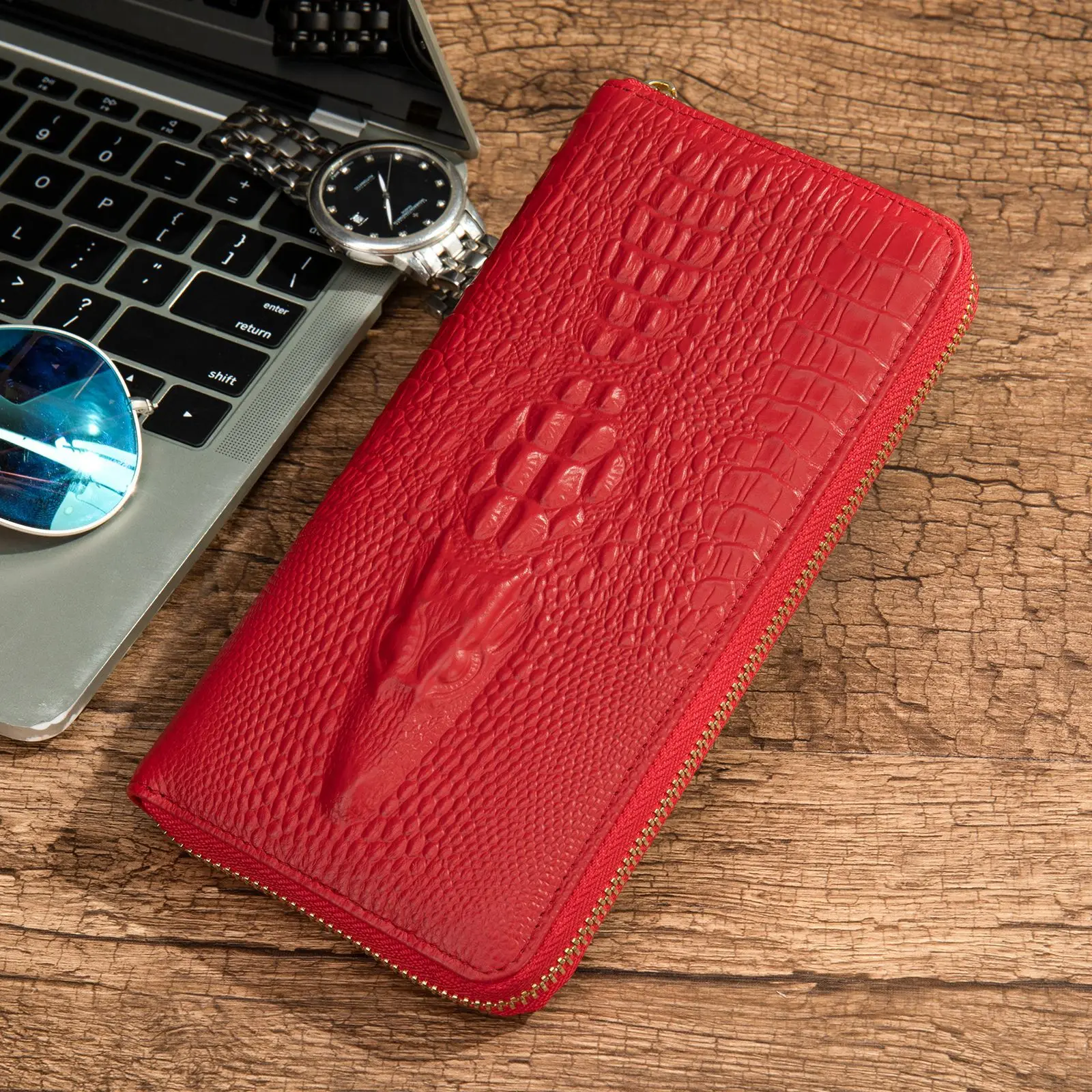 Men's Genuine Leather Wallet Long Purse Crocodile Pattern Business Multi Card Handbag Cowhide Wallets Phone Bag Gifts for Men