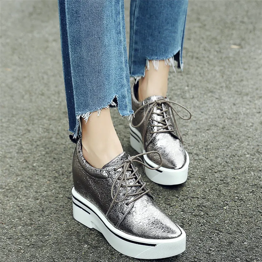 2023 Platform Shoes Women Lace Up Genuine Leather Wedges High Heel Party Pumps Female Round Toe Fashion Sneakers Casual Shoes
