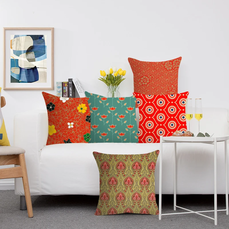 

Red Floral Pattern Decorative Pillow Case Home Decor Geometric Creative Cushion Cover for Sofa Bolster Throw Pillowcase 45x45cm