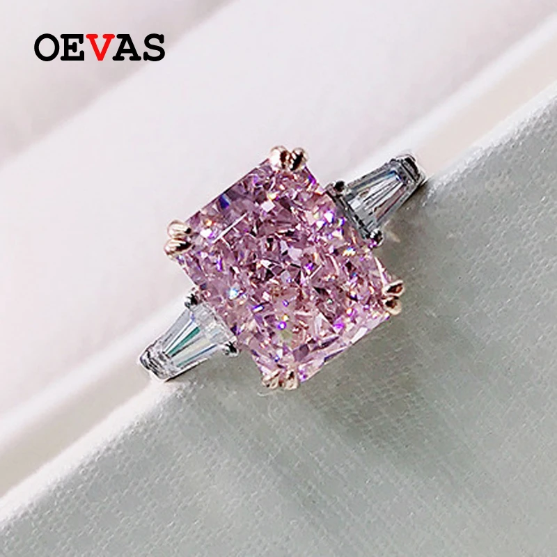 OEVAS 100% 925 Sterling Silver Sparkling 2 Carat Square Pink High Carbon Diamond Wedding Rings For Women Party Fine Jewelry Gift