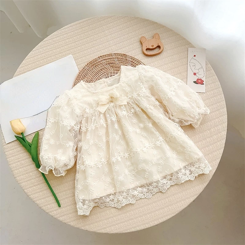 

Toddler Baby Girl Dress Spring Summer Sweet Long Sleeve Princess Dress Bow Ruffle Mesh Floral Kid Romper Baby Vestido