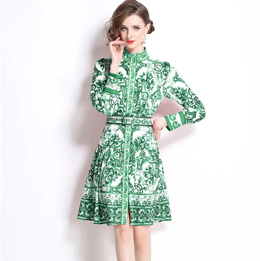 Женское однобортное платье в стиле бохо модное винтажное зеленого и белого цвета