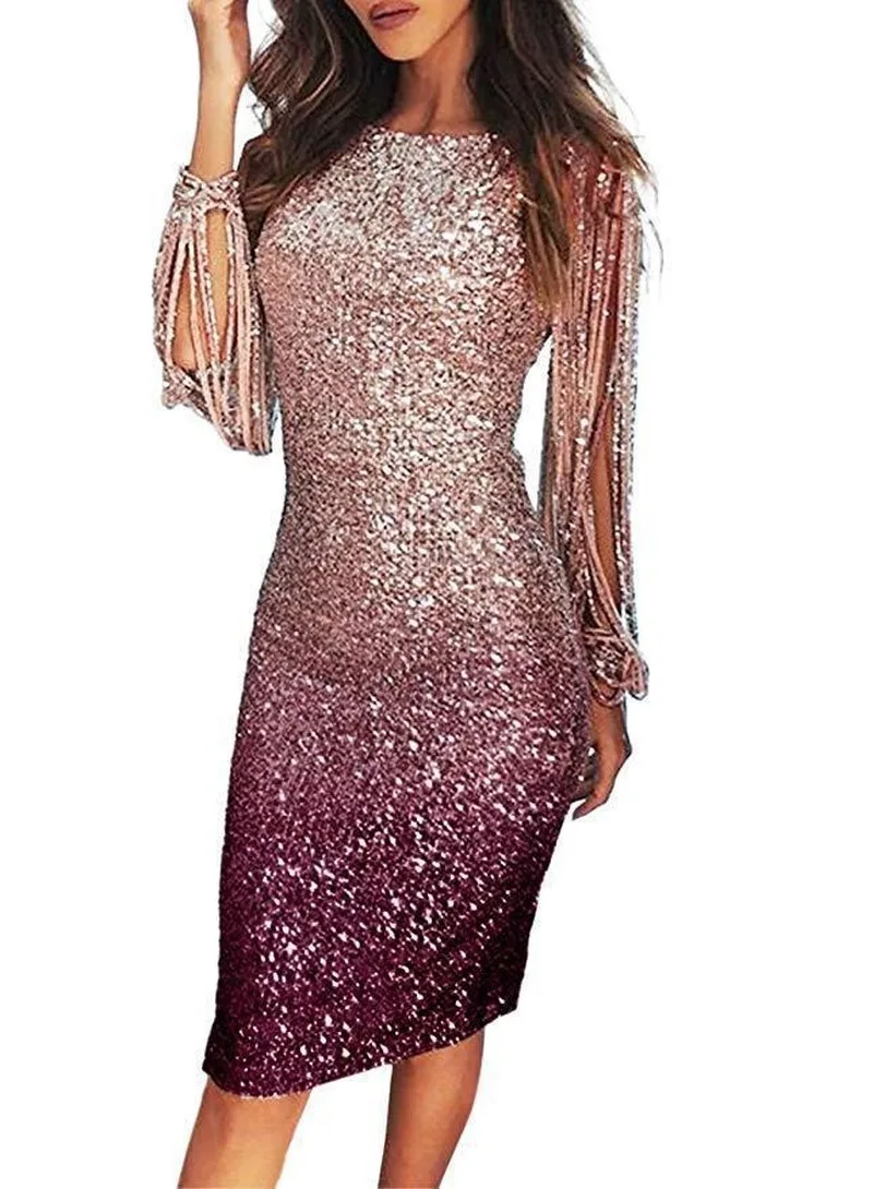 

2020 Women's Dress Tassel Gradient Long Sleeve Gradient Sequins Dinner Dress Party Dress