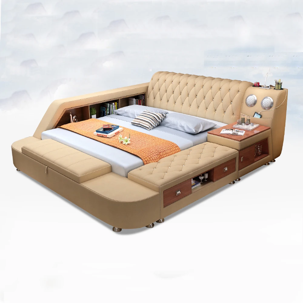 

Linlamlim Ultimate Tech Smart Bed with Massage, Speaker and Safe, Genuine Leather Multifunctional Tatami Beds Bedroom Furniture