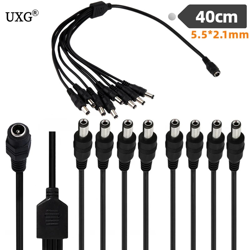 

12V DC Power Jack 5.5x2.1mm DC Power Cable 1 Female to 8 Male Plug Splitter Adapter for Security CCTV Camera and LED Strip 40CM