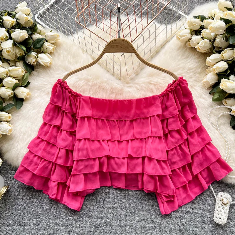 

Hikigawa Chic Fashion Women Tops Korean Style Slash Neck Ruffled Off Shoulder Chiffon Layered Design Elegant Blouse Top Mujer