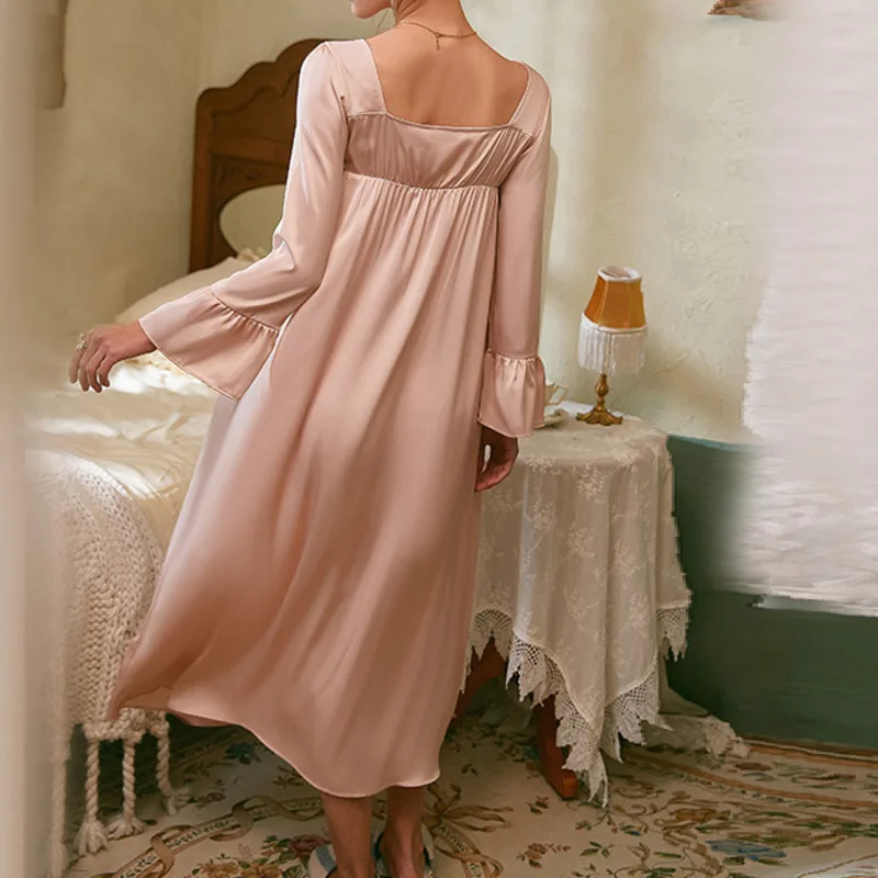 Spring Nightgowns Women Satin Nightwear Sleepdress Elegant Retro Vintage Kimono Sleepwear Lingerie Long Home Dress Dressing Gown