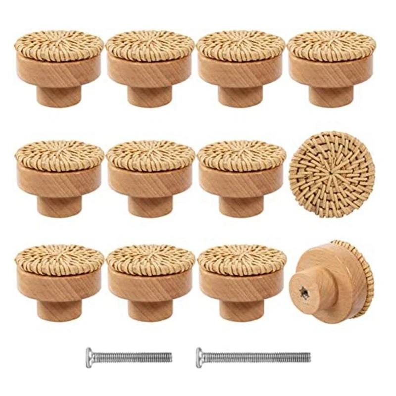 

12Pcs Boho Rattan Dresser Knobs- Durable Beech Wood Drawer Knobs Handmade Wicker Woven Pulls With 24 Screws For Cabinets