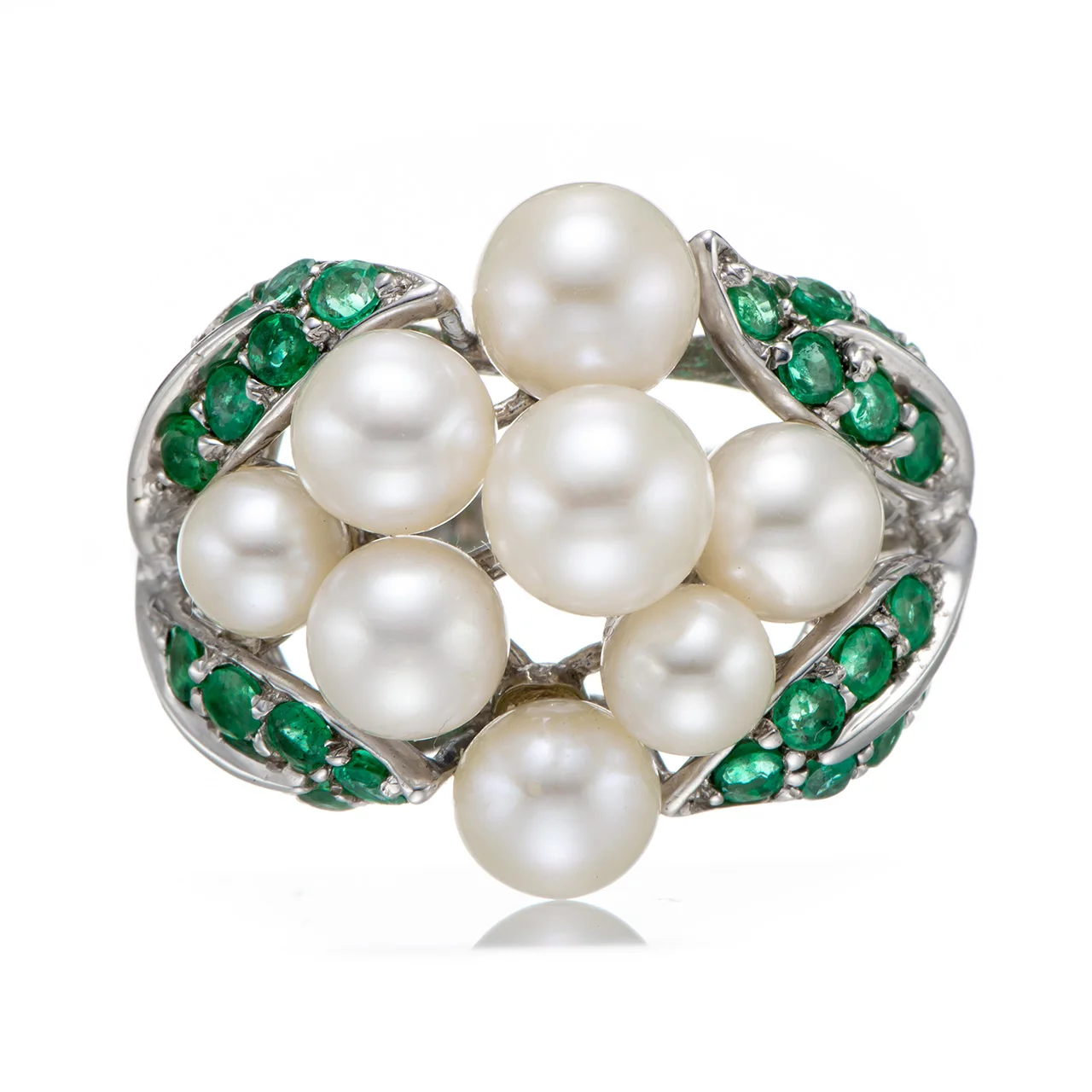 

GESIDE Freshwater Pearl and Emerald Rhodium Over Sterling Silver Ring