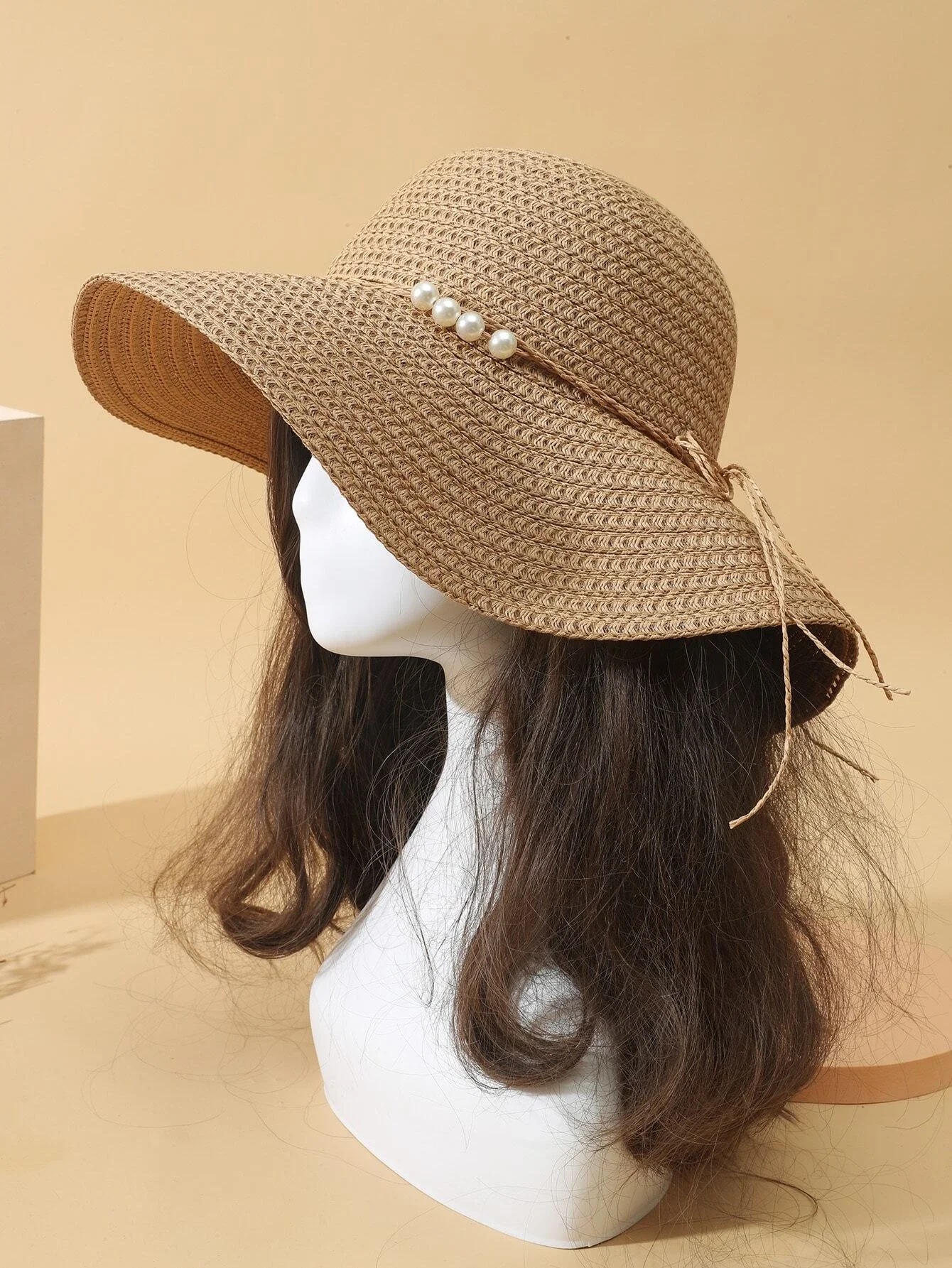 

Faux Pearl Decor Straw Hat
