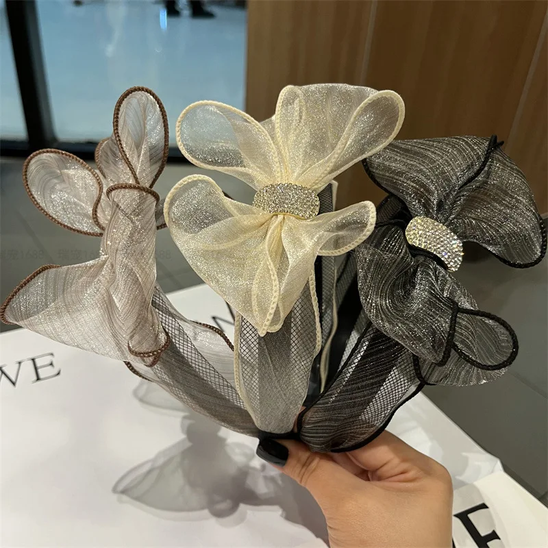 

2023 Women hairpins French Vintage Style Fairy Yarn Double Layer Side Bow Knot Full of Drill Hoops