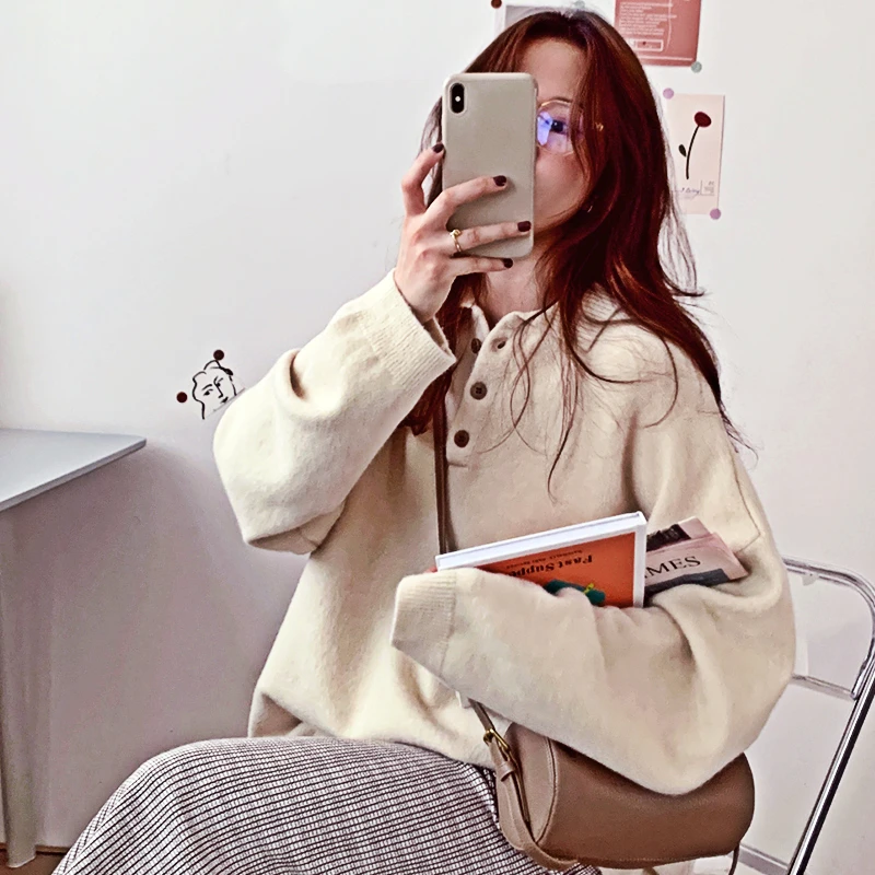 

Retro Knitted Sweater Button Polo Collar Long Sleeve Casual Fashion Loose Ladies Jacket Autumn Women's Dresswomen Clothing