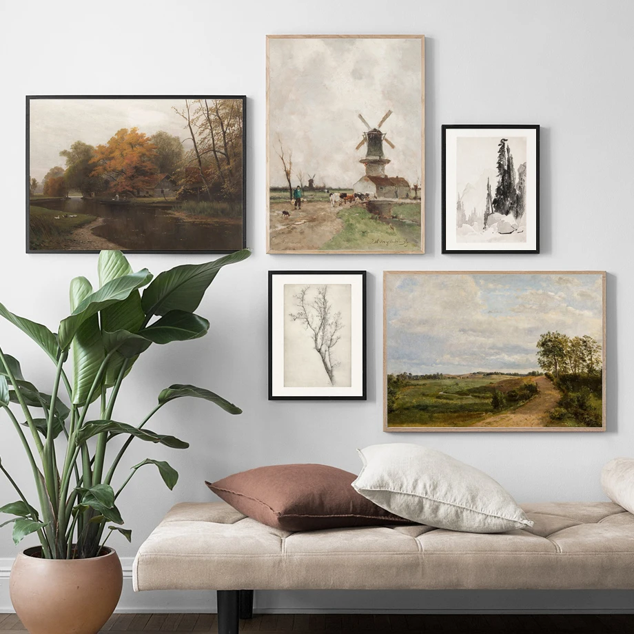 Абстрактный винтажный ландшафт ветряная мельница ваза лес фотография настенная