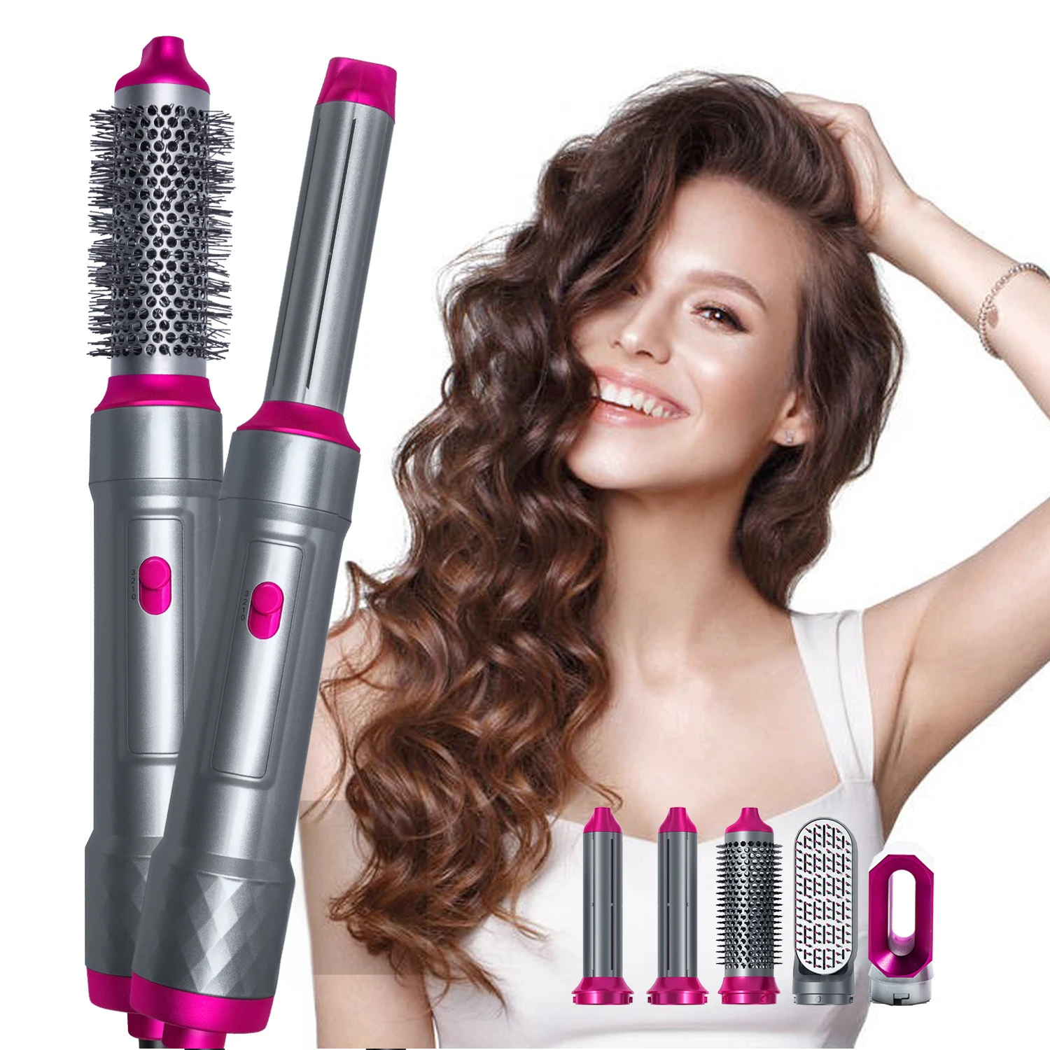 Set 5 in 1 Hair Dryer Hot Air Comb Professional Curler Straightener Styling Tool Hair Dryer Home Kit Wet and Dry Curler Straight