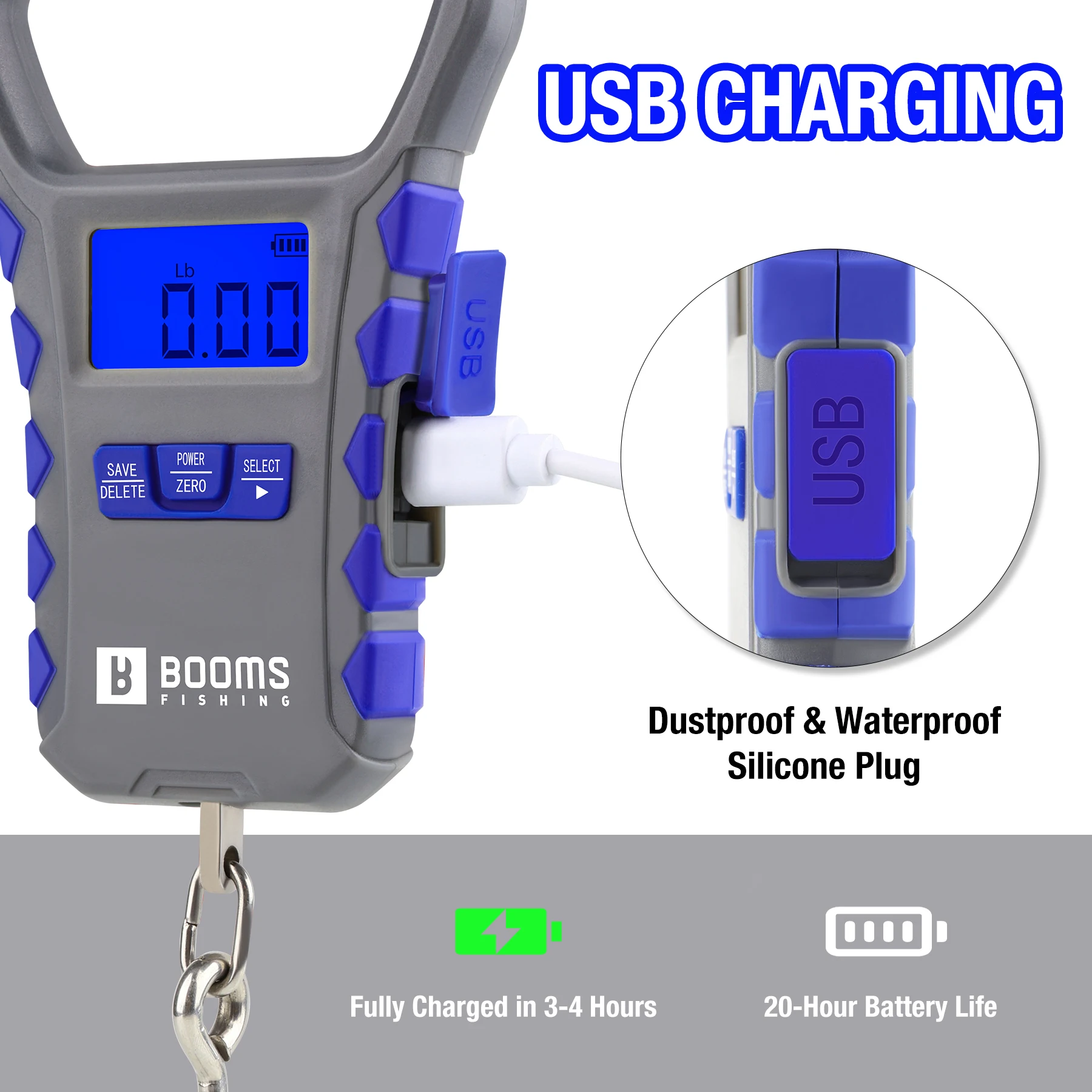 Фото Рыболовные весы Boomsfishing XW50, USB-зарядка, емкость 65 фунтов/30 кг, ультратонкий цифровой ЖК-дисплей, эргономичная ручка, аксессуары для рыбы №5