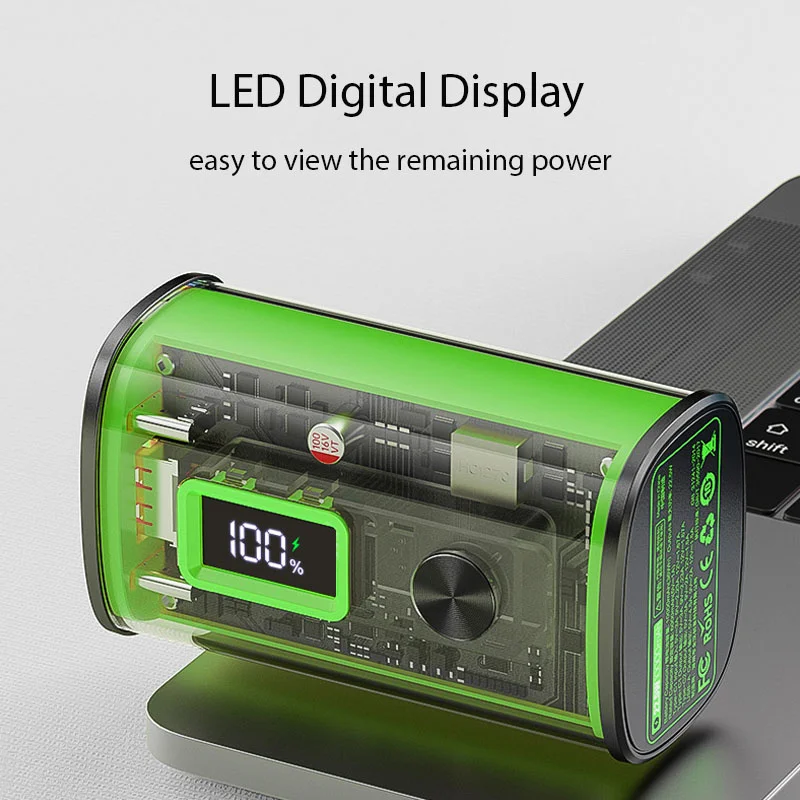 10000mAh Portable Power Bank Transparent 22.5W Fast Charging Mini Powerbank Auxiliary Battery Pack for iPhone Samsung Xiaomi