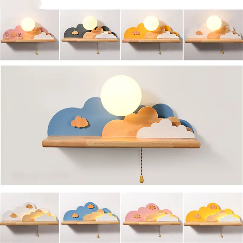 Creative Clouds Sun Wood Shelf Glass Led Wall Lamp With Pull Switch Children Bedroom Bedside Study Sconce Girls Light Fixtures