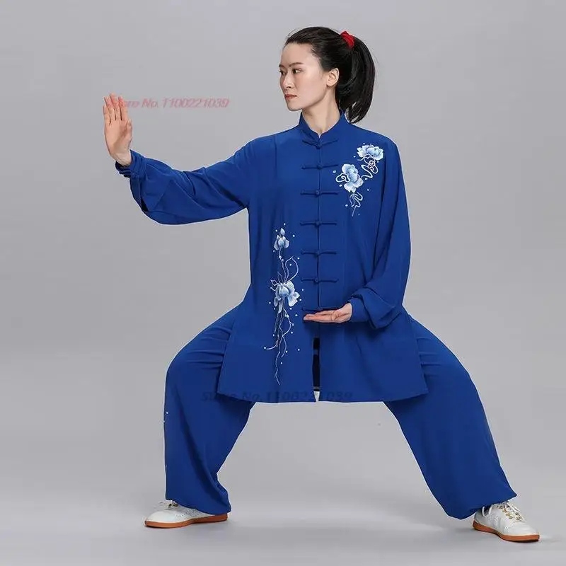 2023 chinese kung fu tai chi clothing martial arts tops+pants set taiji wushu wing chun uniform national flower embroidery set