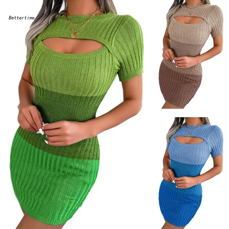 

B36D New Women Knitted Dress Gradiented Round Neck Detail Dresses for Women Girl
