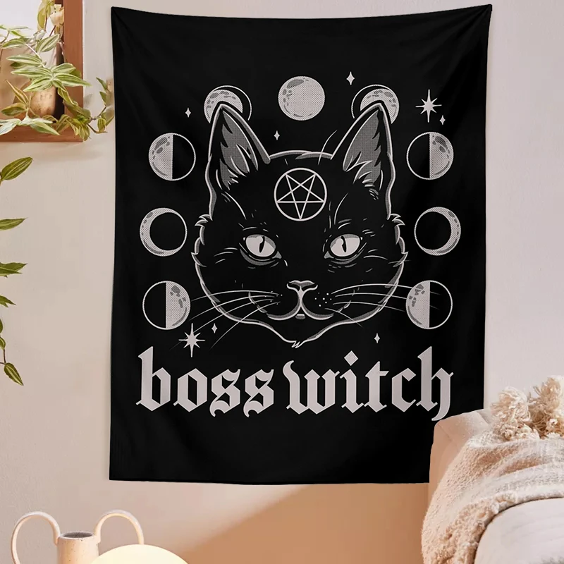 

Cat Witchcraft Black Tapestry Wall Hanging Cat Mysterious Divination Tapestries Baphomet Occult Home Wall Black Cat Coven Decor