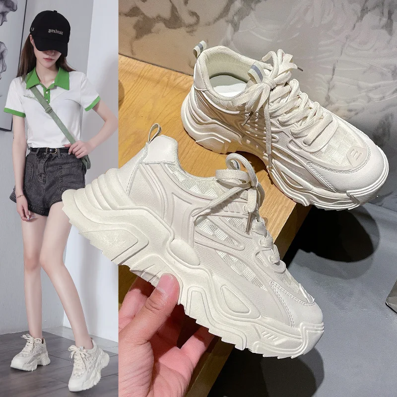 

Женские кроссовки на платформе, белые дышащие кроссовки на сетчатой подошве для студентов, обувь для отца, лето 2022