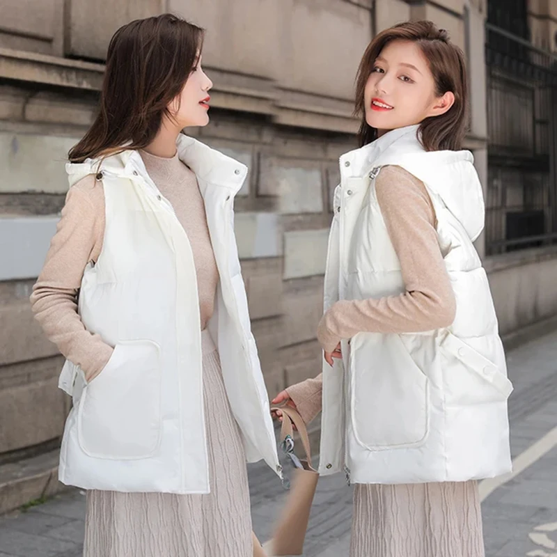 

Biyaby Down Cotton Waistcoat Vest Women Korean Hooded Sleeveless Loose Parka Woman 2023 Autumn Winter Big Pockcet Zipper Jacket