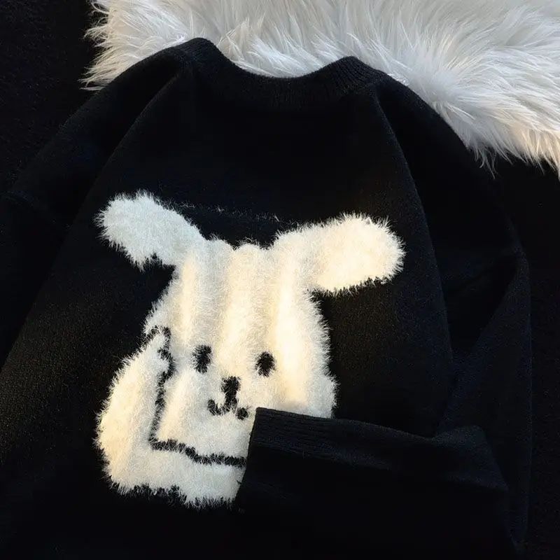 

Cute Rabbit Plush Y2kTop Sweater Joker LooseKnitted Shirts Autumn Winter Women Solid Color Kawaii Puppy Round Neck Ins Cashmere