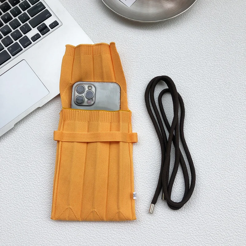 Summer Candy Color Pleated  Knitted Bag for Women Design Folding Hand-held Shoulder Bag Mini Knitted Mobile Phone Crossbody Bag
