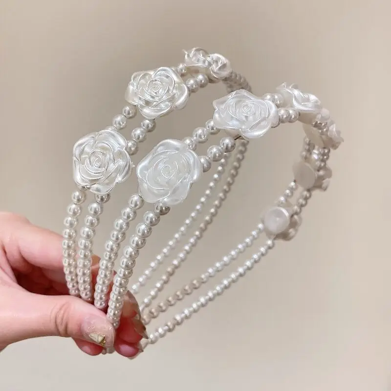 

2022 Wedding Pearls Headband Acrylic Rose Flowers Hairbands for Women Hair Accessories Korean Hair Band Hair Crown Headbands