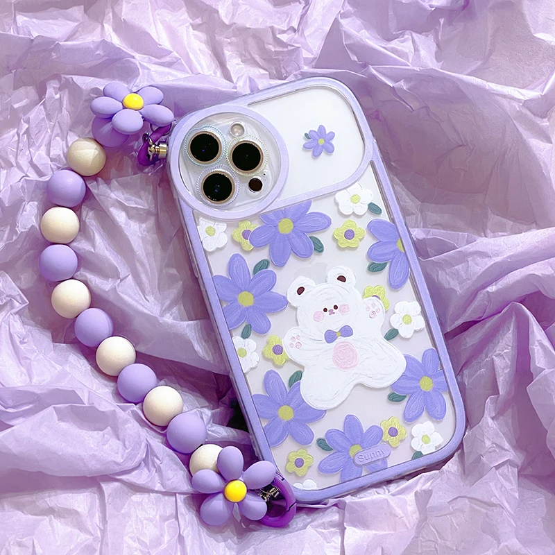 

Mobile Phone Case Purple Flower Bear Wristband for IPhone 13 12 11 Pro Max Protective Sleeve for IPhone 13 with Bracelet Lanyard