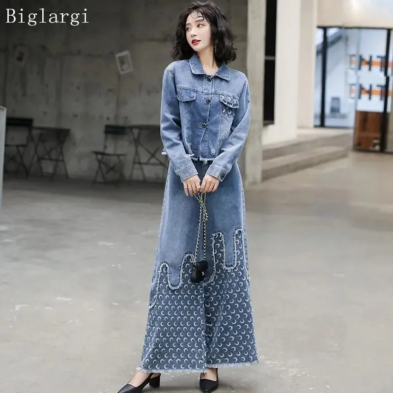 

Autumn Pants Sets Women Denim Coat Two 2 Piece Set Wide-Leg Pants Suit Casual Loose Fashion Short Coat +Jeans Woman Sets 2022