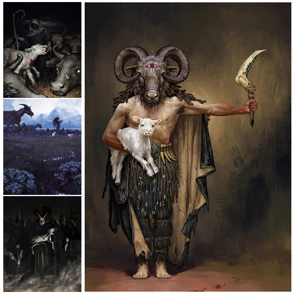 

Shepherd And Sacrificial Lamb Wall Art Canvas Painting Mysterious Wicca Poster And Prints Home Decor Witchcraft Art Prints