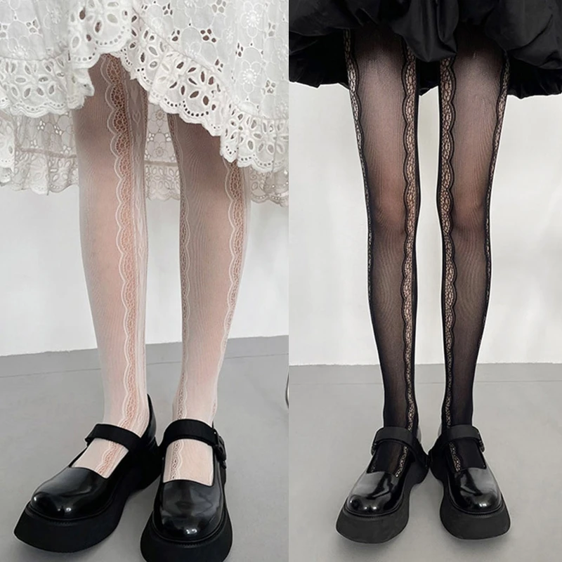 

Women Lolita Harajuku Sexy Fishnet Pantyhose Korean Style Side Sweet Heart Hollow Out Scalloped Lace Splicing Sheer Mesh P8DB