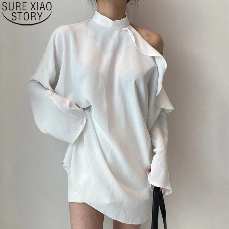 

Women Off Shoulder Ruffle Tops Korean Chic Vintage Blouse Stand Collar Lace Up Waist Long Sleeve Shirt Women Loose Blouse 12090