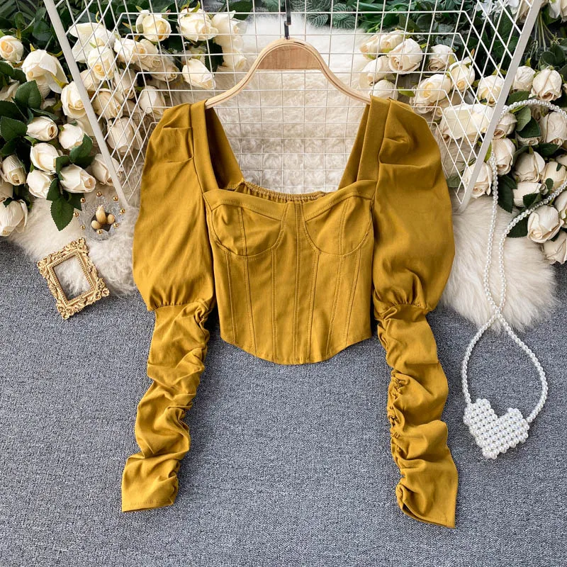 

WDMSNA Korean Puff Sleeve Pleated Ladies Dhirt Long Sleeve Short Blusa Feminina New Spring Square Collar Blouse Crop Top Women