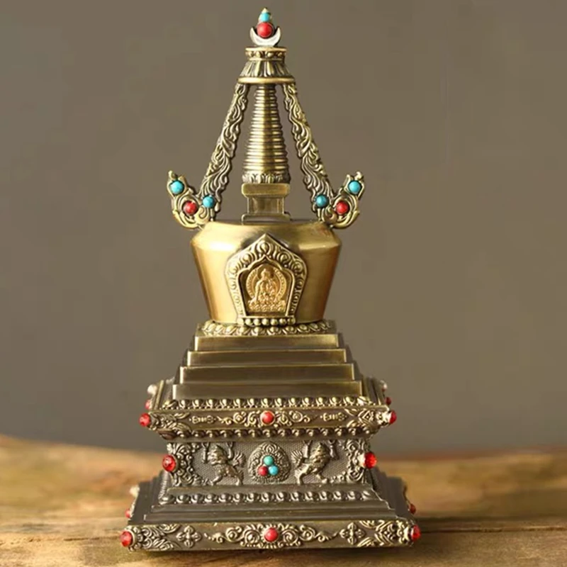 Estatua budista grabada tántrica de Stupa tibetana de bronce, perla con incrustaciones de piedras preciosas, aleación, artesanía, altadores, decoración de escritorio para interiores
