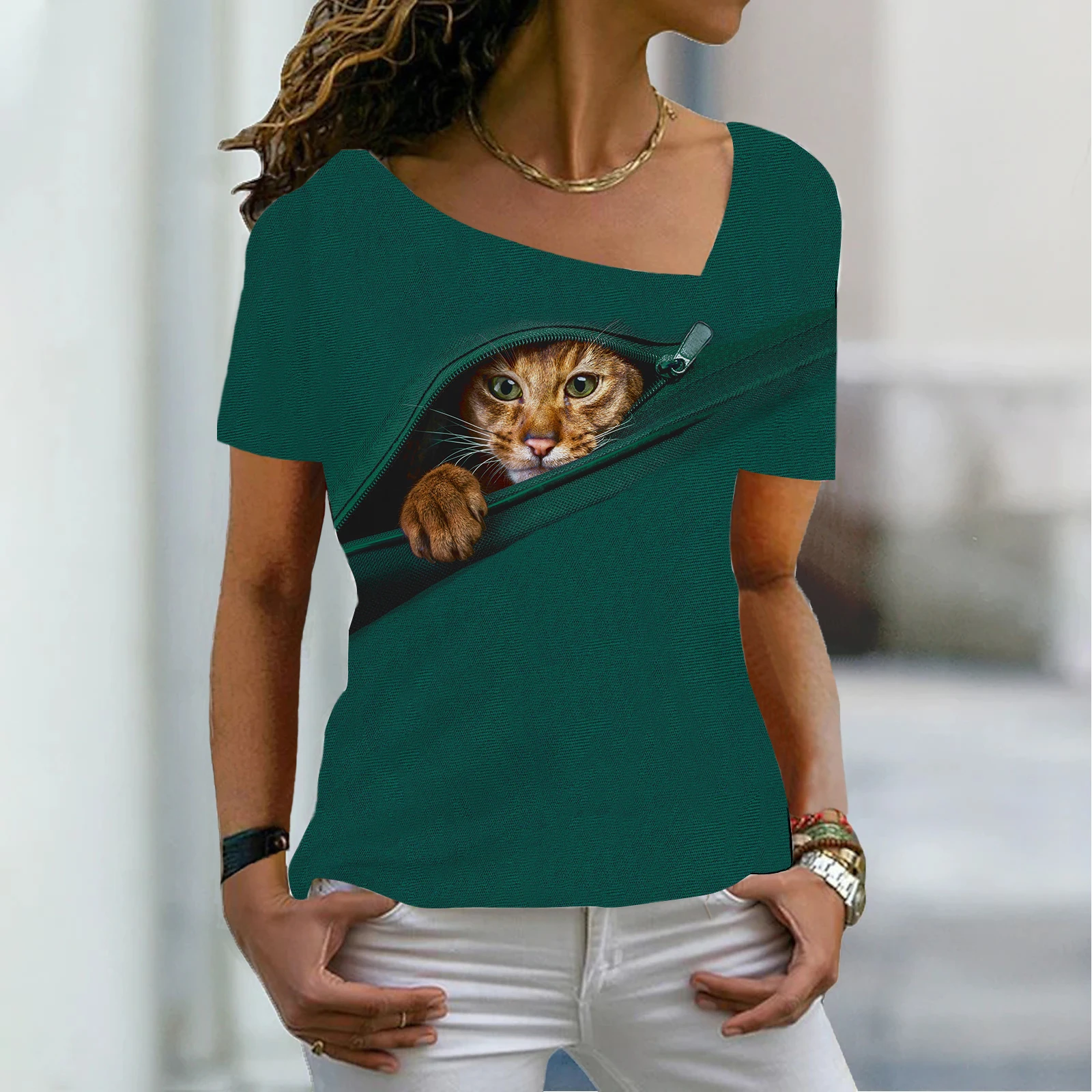 

Women's cute loose short-sleeved women's T-shirt cat element print diagonal collar summer fashion T-shirt XS-8XL