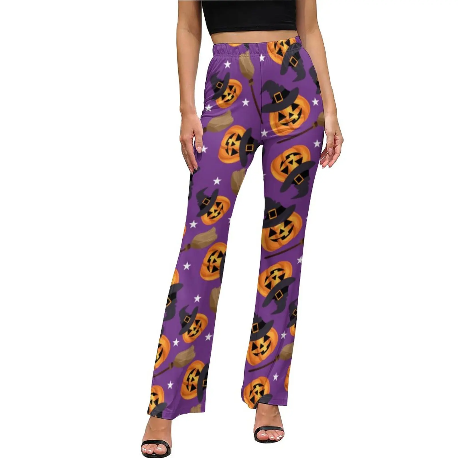 

Flying Witch Print Casual Pants Spring Halloween Pumpkin Classic Print Flared Trousers Elastic Waist Slim Stretch Fashion Pants