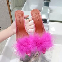 1 pair women slippers trendy temperament slip on clear faux fur sandals for home high heels sandals summer shoes